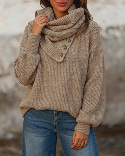 Women's Wrap-Style Cowl Collar Knit Sweater Casual Pullover