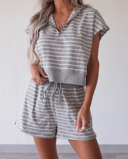 Women's Striped 2 Piece Outfits Half Zip Hooded Crop Top and High Waisted Drawstring Shorts Casual Tracksuit Set