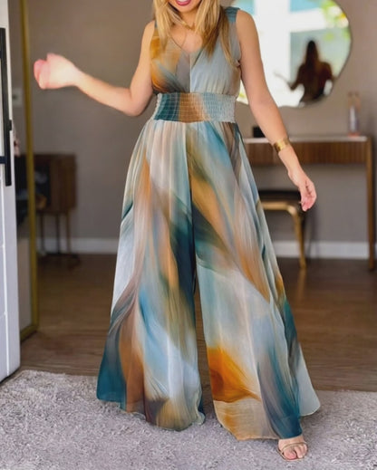 Women's Vintage Tie Dye Print Mesh V-Neck Shirred Waist Wide-Leg Jumpsuit with Lining