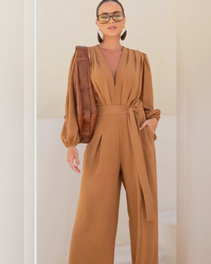 Deep V Neck 3D Design Tie Waist Ruched Overalls Casual Cinched Waist Zipper Back Textured Jumpsuit with Belt