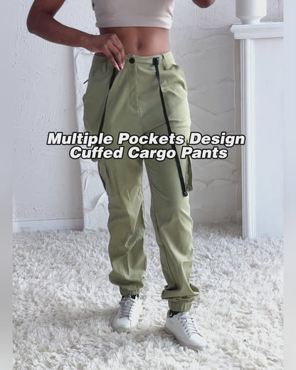 Zipper Fly Drawstring Elastic Back Waist Cuffed Trousers Casual Multiple Flap Pockets Design Cargo Pants