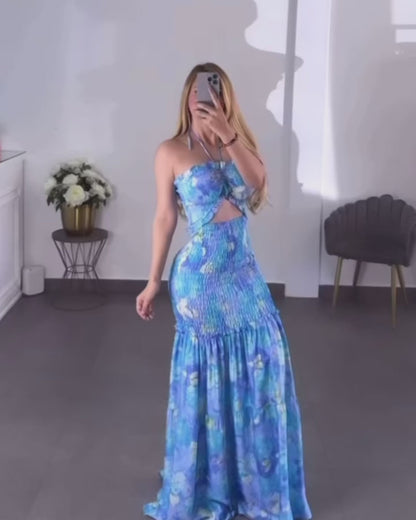 CHICME Women's Floral Halter Maxi Dress Cutout High Waisted Shirred Mermaid Ruffle Hem Dress