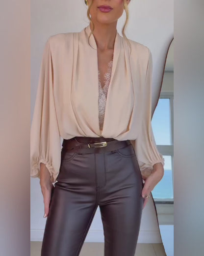 Women's Deep V Neck Lantern Long Sleeve Blouse Wrap Ruched Loose Chiffon Top