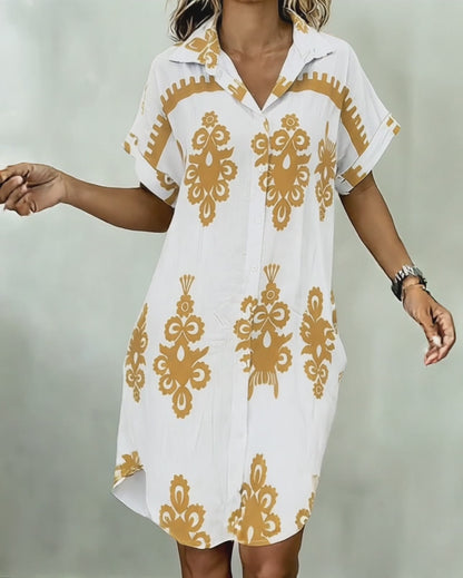 Vintage Baroque Placement Print Turn-down Collar Rolled Cuffs Button Down Shirt Dress Casual Curved Hem Vacation Dress with Pockets