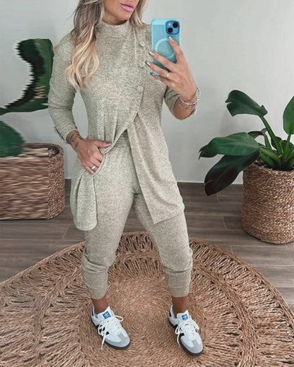 2 Pieces Outfit Mock Neck Long Sleeve Button Decor Slit Mid-Length Top and Stretchy Drawstring High Waist Slim Fit Pants Set