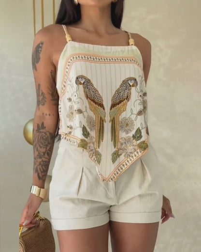 Tropical Animal & Plants Print Square Neck Adjustable Spaghetti Straps Top Sexy Backless Tie Back Asymmetrical Hem Cami Top