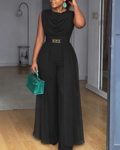 Women's Cowl Neck Wide Leg Jumpsuit High Waist Sleeveless Chiffon Overlay Spliced Evening Overalls with Belt