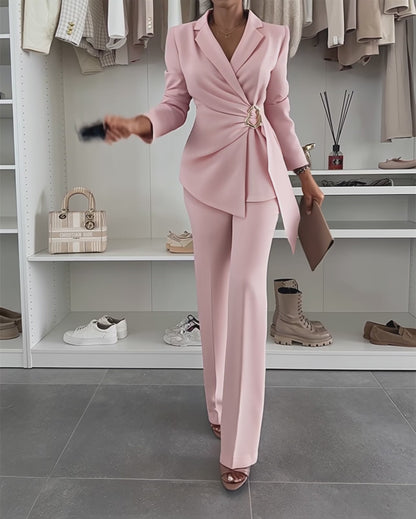 2 Pieces Outfit Metal Ring Decor Notched Collar Cinched Waist Wrap Front Coat and Zipper Fly Elastic Back Waist Pants Set Casual Blazer Set