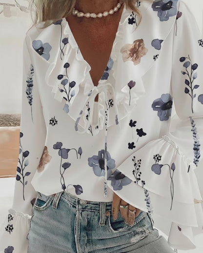 Watercolor Floral Print Ruffles Spliced V-Neck Long Sleeve Tie Font Blouse Casual Double Layer Flared Cuffs Loose Fit Top