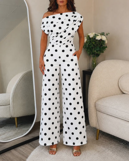 Women's Polka Dot Jumpsuit Skew Neck Ruched Wide Leg Overalls Casual High Waisted Jumpsuit with Pockets