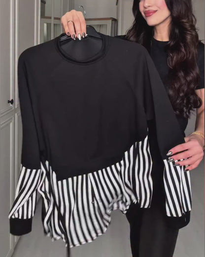Women's Faux Two-Piece Striped Patchwork Sweatshirt Long Sleeve Tied Detail Loose Fit Casual Top