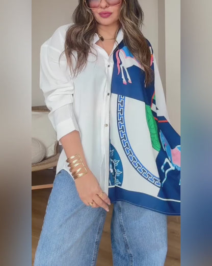 Women's Scarf Print Spliced Shirt Faux Two Piece Oversized Blouse Turn-down Collar Button Down Long Sleeve Top