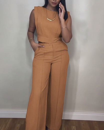 2 Pieces Outfit 3D Cutting Decor Design Cap Sleeve Hollow-out Back Crop Top and Casual Zipper Fly Seam Front Straight Pants Set