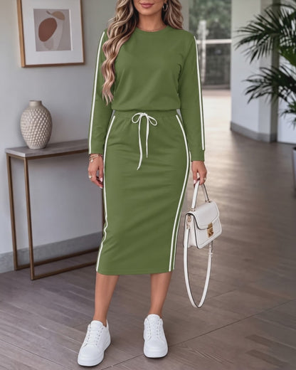 Women's Contrast Side Stripe Long Sleeve Crew Neck Top and Drawstring Midi Skirt Set
