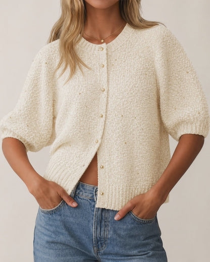 Women's Boucle Knit Cardigan Gold Beaded Puff Sleeve Sweater Crewneck Button Up Elegant Crop Outerwear