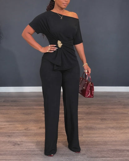 Women's Two Piece Outfits Convertible Shoulder Ruched Top and High Waisted Straight Leg Pants Set