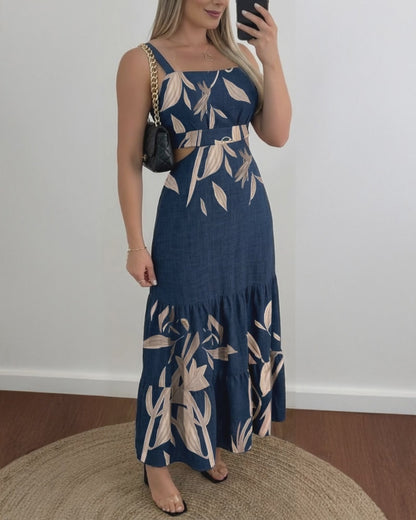 Plants Placement Print Adjustable Straps Cutout Waist Shirred Back Maxi Dress Casual Cinched Waist Ruffle Hem Vacation Dress