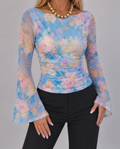 Women's Floral Watercolor Print Boat Neck Ruched Sheer Mesh Flare Sleeve Top