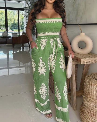 Vintage Floral Print Square Neck Stretchy Straps Shirred Backless Ovealls Casual Tie Waist Wide Leg Jumpsuit