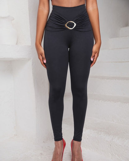 Women's High Waisted Ruched Leggings Gold Ring Accent Skinny Yoga Pants Stretchy Soft Workout Tights with Pockets
