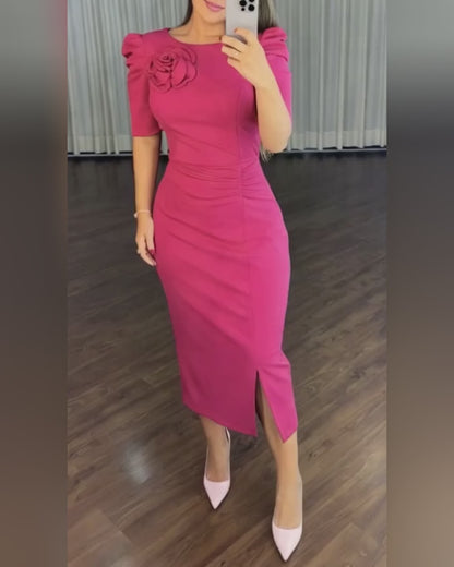 3D Flower Decor Round Neck Puff Sleeve Bodycon Dress Casual Ruched Slit Zipper Back Work Dress