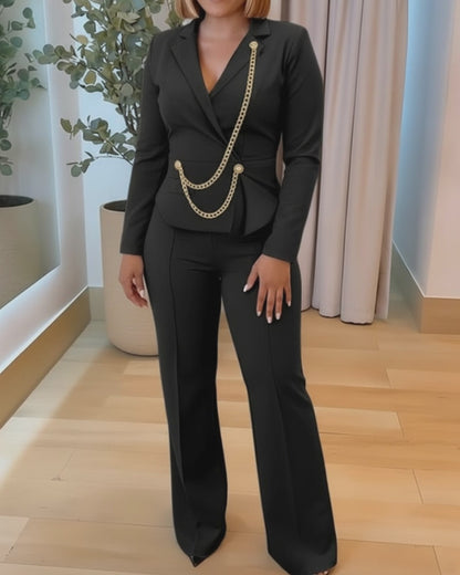 Chain & Button Decor Notched Collar Overlap V-Neck Slit Spliced Overalls Casual High Waist Seam Front Zipper Back Jumpsuit