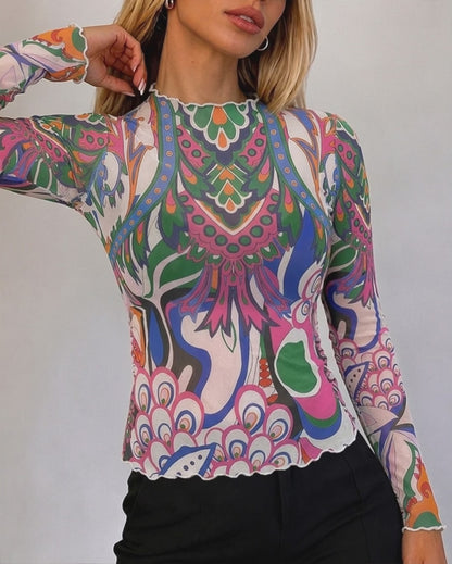 Women's Vintage Abstract Print Sheer Mesh Top Frill Trim Mock Neck Long Sleeve Tee