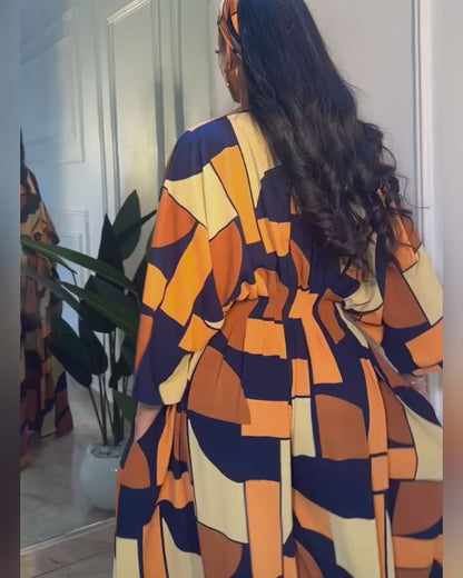 Colorblock Geometric Print V-Neck Batwing Sleeve Ruched Waist Overalls Casual Cinched Waist Wide Leg Jumpsuit