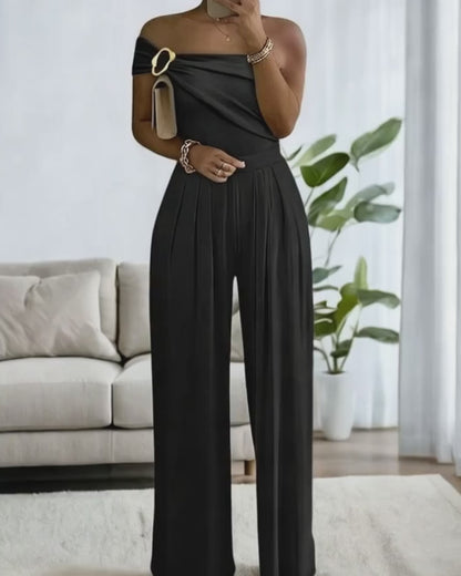 Cold Shoulder Ruched Buckle Wide Leg Jumpsuit