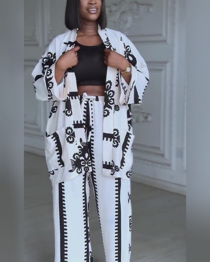 2 Pieces Outfit Open Front Long Sleeve Coat and Drawstring Elastic Waist Wide Leg Pants Set Casual Vintage Baroque Print Loose Fit Set without Tank Top