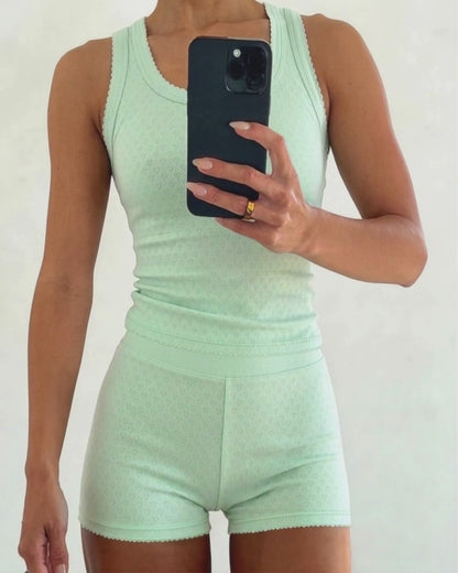 Women's 2 Piece Knit Lounge Set Heart Jacquard Racerback Tank Top and High Waist Shorts Slim Fit Stretchy Outfits