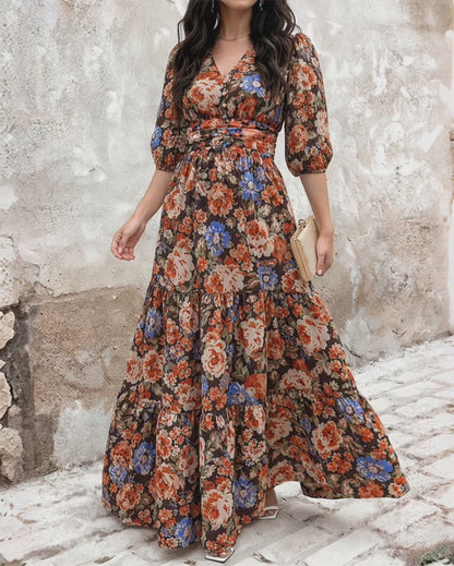 Vestido largo de gasa para mujer con flores vintage, escote en V, mangas abullonadas, cintura fruncida elástica y volantes