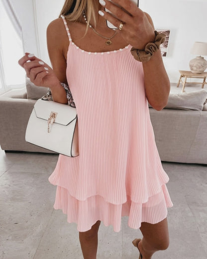 Women's Pearls Embellished Straps Mini Dress Backless Pleated Dress Casual Double Layer Lettuce Trim Cami Sun Dress