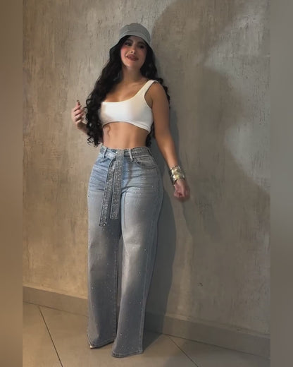 Allover Rhinestone Decor High Waist Zipper Fly Jeans Casual Wide Leg Loose Fit Denim Pants with Rhinestone Decor Belt