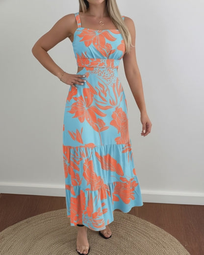 Floral Print Square Neck Adjustable Straps Shirred Back Maxi Dress Casual Cutout Waist Ruffle Hem Vacation Dress