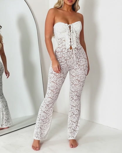 Women's Sheer Lace Jumpsuit Sexy Strapless Lace-up Tube Overalls Flare Leg Jumpsuit with Detachable Clear Straps