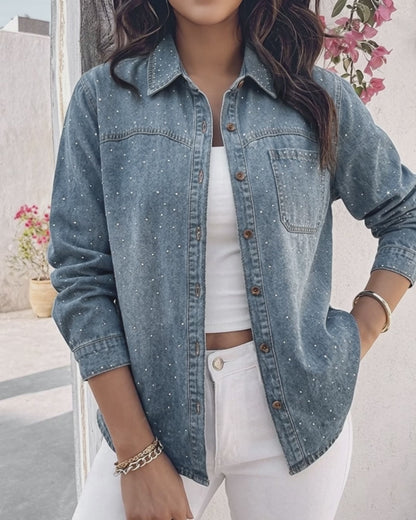 Women's Rhinestone Denim Jacket Washed Button-Down Shacket Sparkling Loose Fit Long Sleeve Casual Outerwear