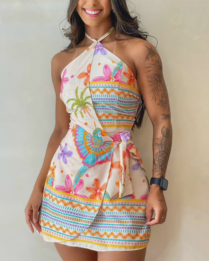 Tropical Print Halter Tie Backless Tie Back Romper Casual Elastic Back Waist Wrap Front Tie Side Skorts Romper