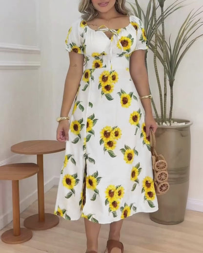Women's Sunflower Print Midi Dress Puff Sleeve Tie Neck Sundress Shirred Back Slit A-Line Vacation Dress with Lining