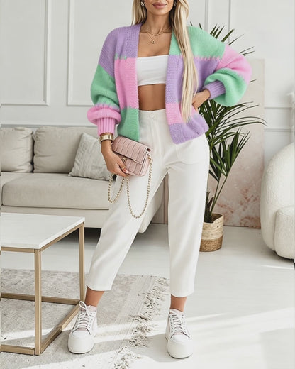 Women's Colorblock Knit Cardigan Chunky Knit Sweater Ribbed Trim Long Sleeve Casual Loose Knitwear