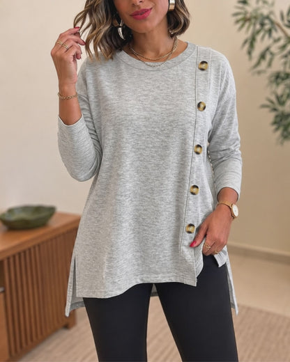 Women's Side Button Detail High-Low Split Hem Loose Tee Drop Shoulder Casual Top