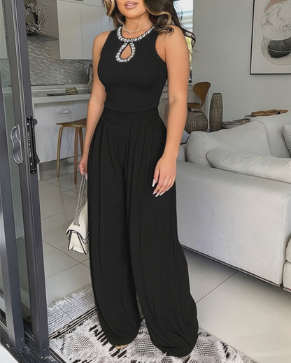 Rhinestone Decor O-neck Sleeveless Pleated Overalls Elegant Cinched Waist Zipper Back Wide Leg Jumpsuit with Hollow Water Drop