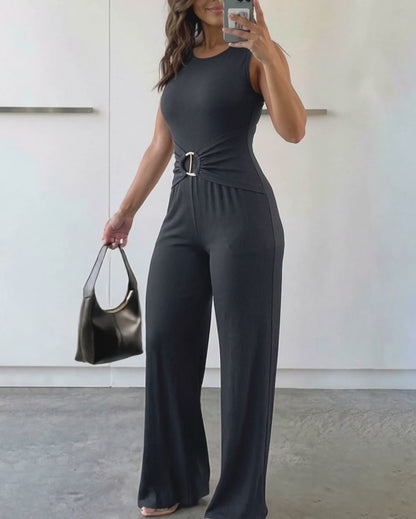 Women's Hollow-out Ribbed Wide Leg Jumpsuit Sleeveless Gold Ring Overalls