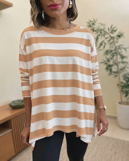 Women's Striped T Shirt Long Sleeve Drop Shoulder Crewneck Tee Side Slit Casual Loose Fit Top