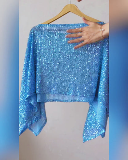 Women's 3 Piece Sequin Set Asymmetrical Poncho Top and High Waist Bodycon Skirt with Crop Cami Top