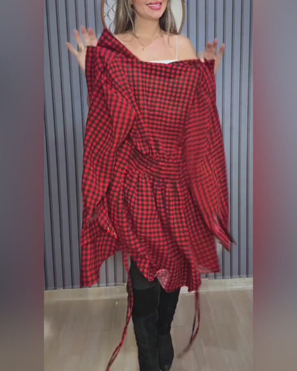Women's Vintage Plaid Drawstring Long Sleeve Casual Dress Shirred Button Down Shirt Dress