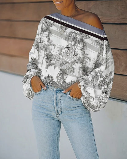 Ink Plants & Animal Placement Print Skew Neck Lantern Sleeve Blouse Casual Contrast Striped Loose Fit Top