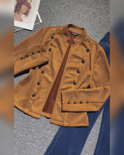 Faux Suede Stand Collar Jacket Open Front Button Decor Casual Coat