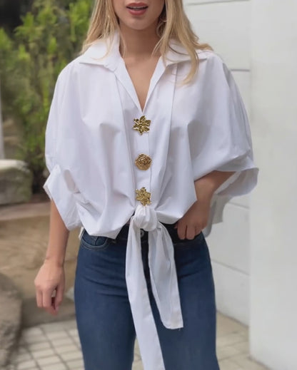 Vintage Palace Style Turn-down Collar Batwing Sleeve Golden Floral Button Front Blouse Casual Knot Front Loose Fit Top