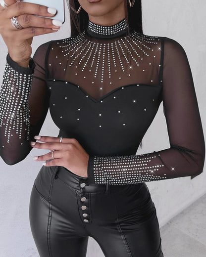 Rhinestone Decor Sheer Mesh Patch Bodysuit